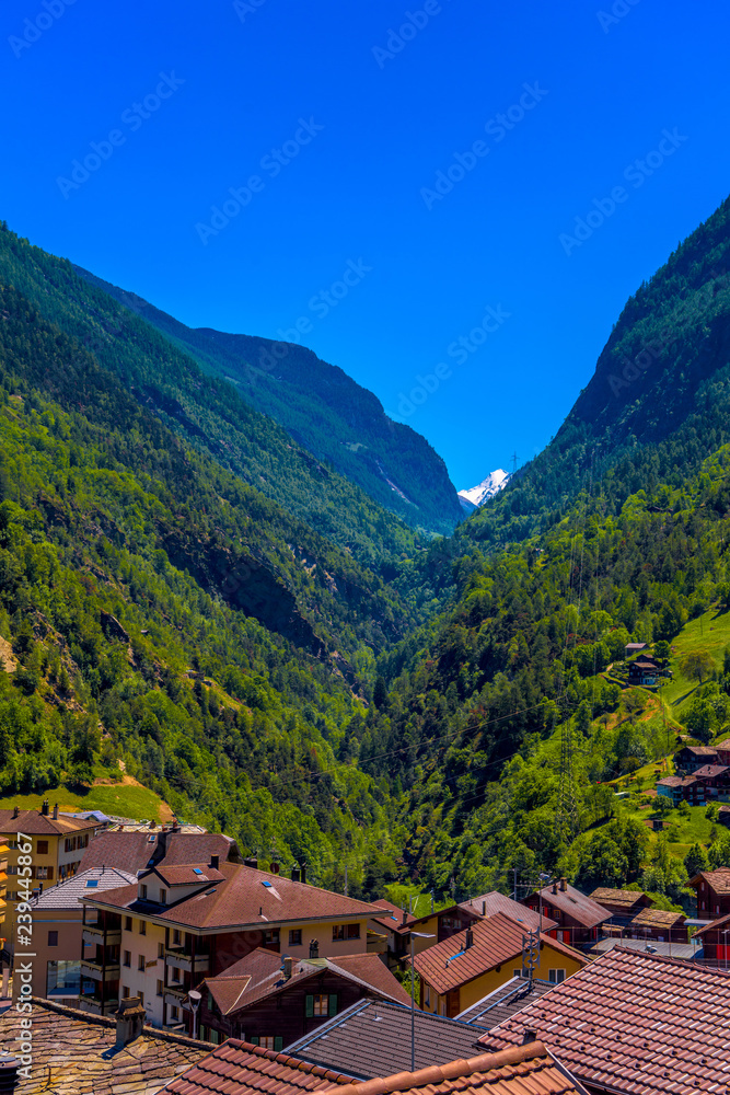 Swiss Alps village in mountains valley, Stalden, Staldenried, Vi