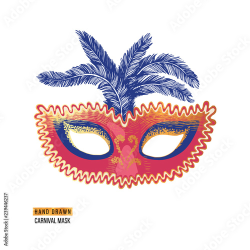 Hand drawn Venetian carnival mask with feathers