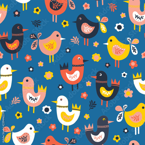 Doodle birds and flowers seamless vector pattern. Scandinavian flat style cute birds red, blue, pink, white. For fabric, kids decor, covers, easter, kids birthday, childrens wear