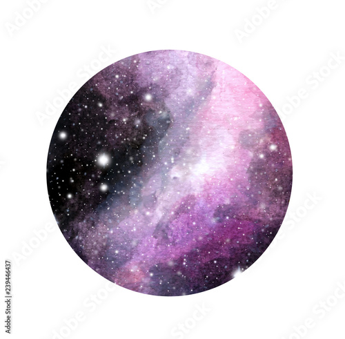 Hand drawn stylized grunge galaxy or night sky with stars. Watercolor space background. Cosmos illustration in circle. Brush and drops.