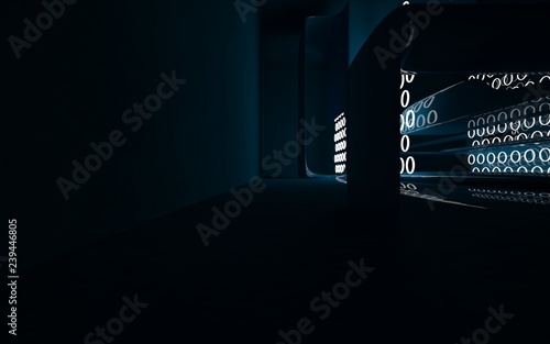 Abstract interior of the future in a minimalist style with blue sculpture. Night view . Architectural background. 3D illustration and rendering