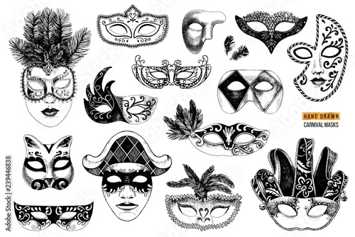 Hand drawn venetian carnival masks collection