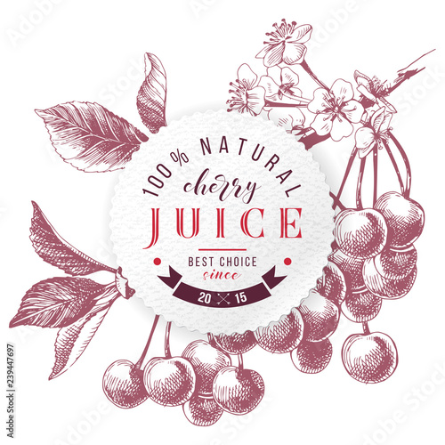Cherry juice paper emblem over hand drawn cherry branch