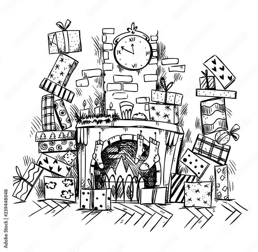 heaps of presents near fireplace on Christmas Eve, vector