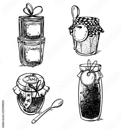 Set of hand drawn mason jars with jam, vector illustration