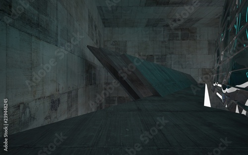 Empty dark abstract concrete room smooth interior with blue water. Architectural background. Night view of the illuminated. 3D illustration and rendering