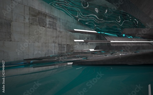 Empty dark abstract concrete room smooth interior with blue water. Architectural background. Night view of the illuminated. 3D illustration and rendering © SERGEYMANSUROV