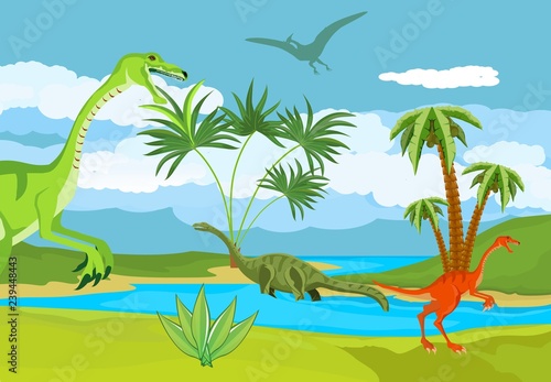 Dinosaurs world  prehistoric landscape scene vector
