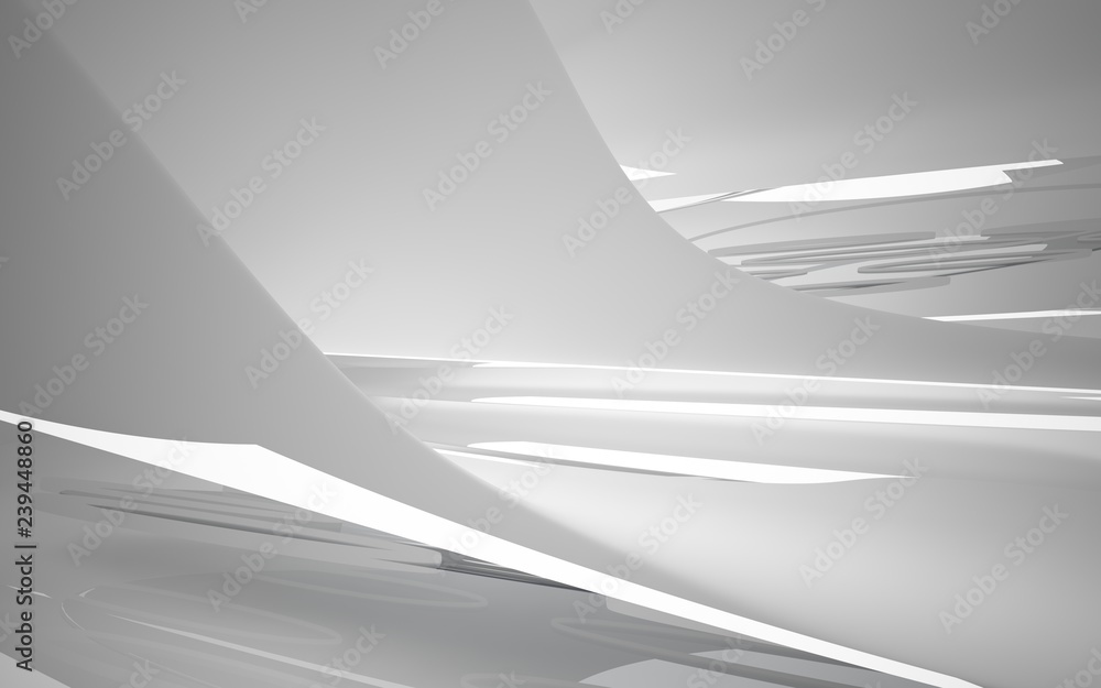 Abstract smooth white interior of the future. Night view from the backlight. Architectural background. 3D illustration and rendering Abstract smooth white interior of the future. Night view from the backlight. Architectural background. 3D illustration and rendering