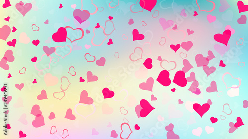 Red hearts of confetti are flying. A sample of wallpaper design, textiles, packaging, printing, holiday invitation for wedding. Light background. Red on Ggradient background Vector.