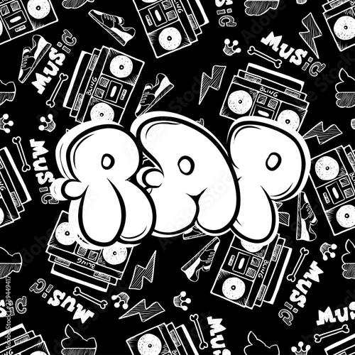 Photo rap hip hop music party illustration in graffiti style, lettering logo, vector