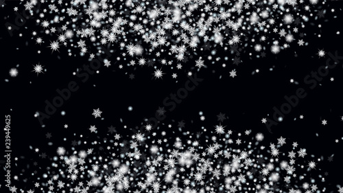 Glitter snowflakes background. Macro snowflakes flying border illustration. Fantasy Snowstorm Illustration Design. Black base. © Irina