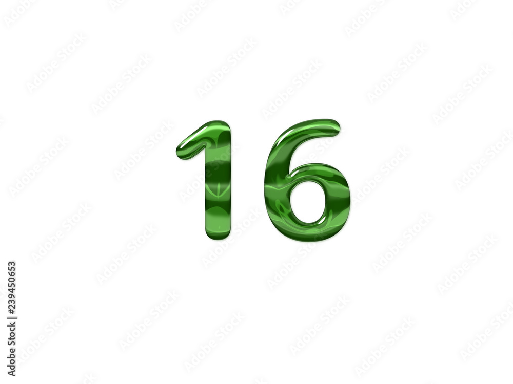 Green Number 16 isolated white background Green Number 16 isolated white background