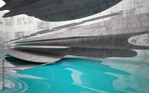 Empty dark abstract concrete smooth interior with blue water . Architectural background. 3D illustration and rendering © SERGEYMANSUROV