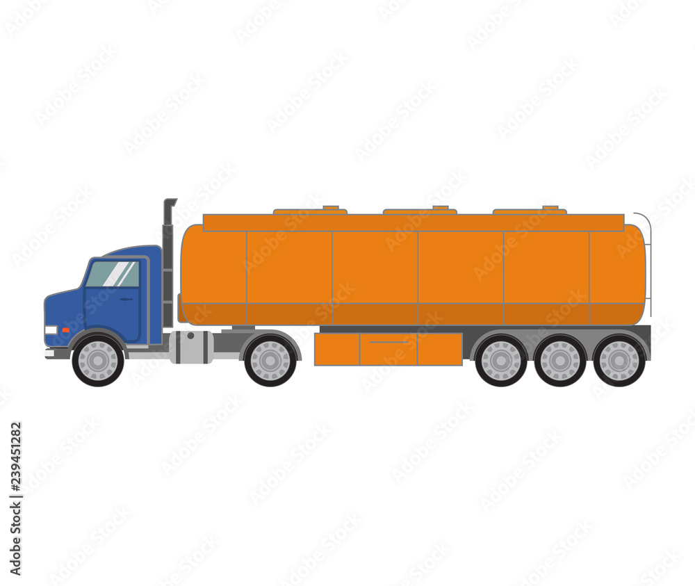 Fuel tank truck.Tanker lorry in a flat style vector.Cartoon vehicle side view.Gasoline orange  trailer petrol tank.Cargo transport fuel delivery.