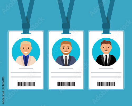 Badge of man with a tie of blonde in cartoon flat .Identification card for man.ID card with man photo.The businessman in a business suit in a jacket and a tie. Plastic identification card characters.