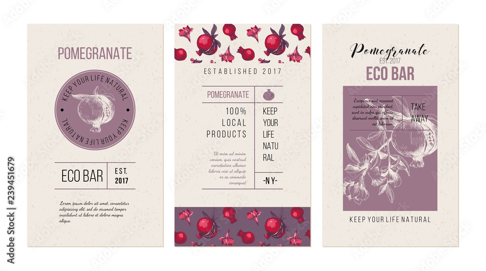 Eco bar banners template with hand drawn pomegranates Eco bar banners template with hand drawn pomegranates