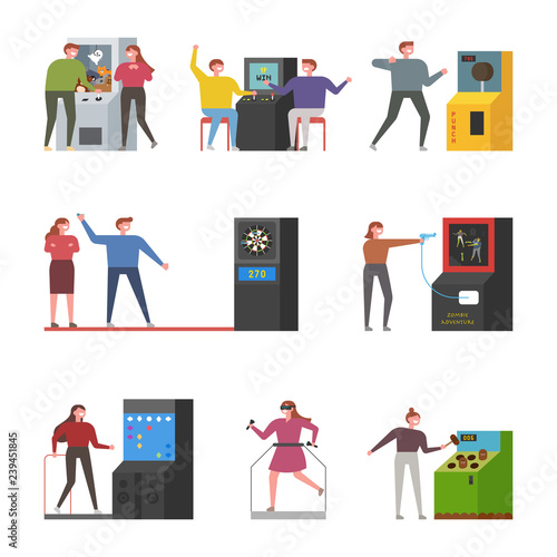 Character set of people who play games in the game center. concept illustration. flat design vector graphic style.