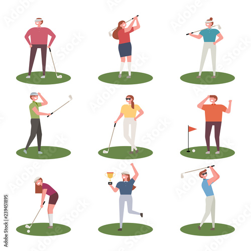 various poses golf player character set illustration. flat design vector graphic style.