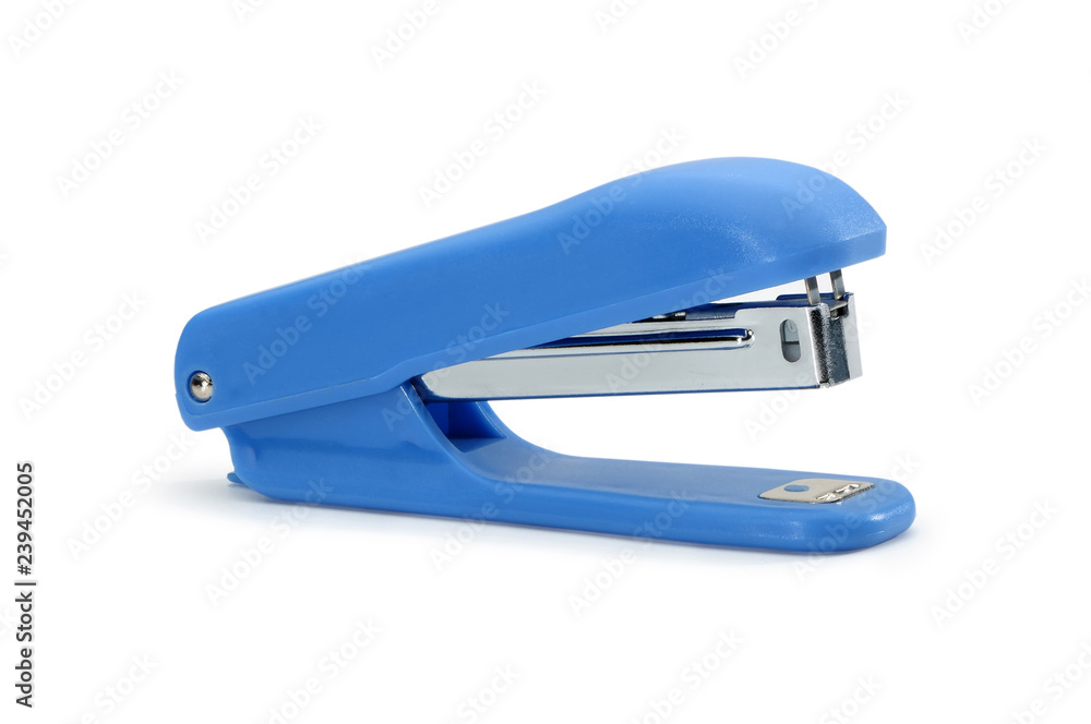 Blue office stapler isolated on a white background