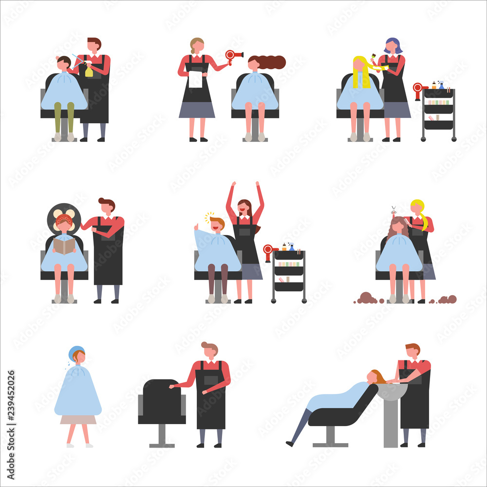 Obraz premium Hair shop designer and customer set. concept illustration. flat design vector graphic style.