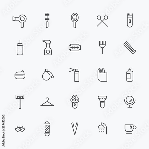 hair shop object line icon set. flat design vector graphic style.