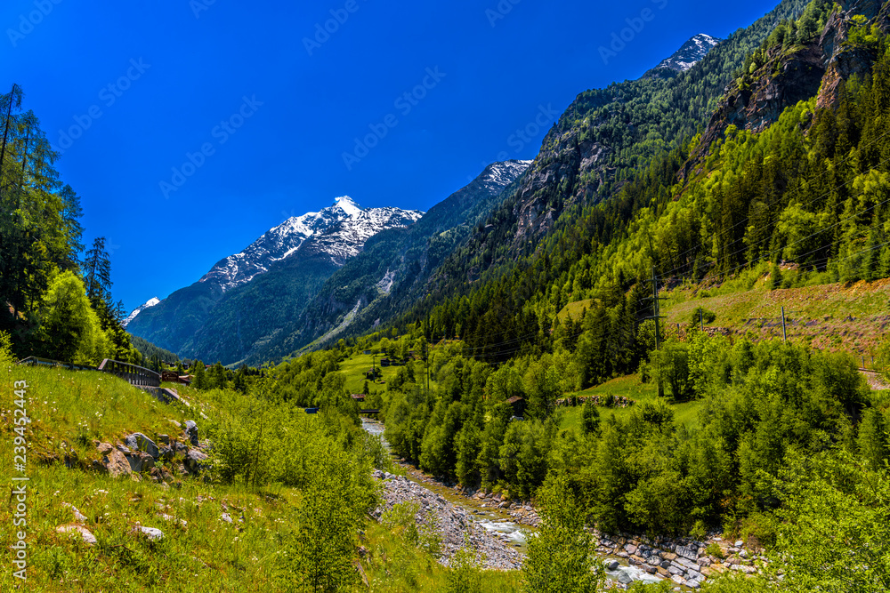 Mountain river in Swiss Alps mountains, Sankt Niklaus, Visp, Wal