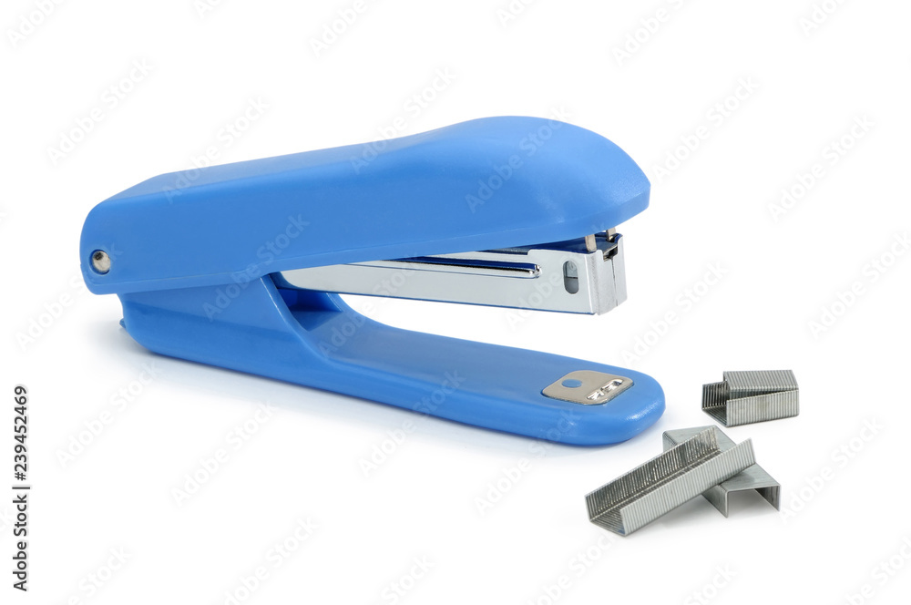 Blue stapler with metal brackets isolated on white background Blue stapler with metal brackets isolated on white background