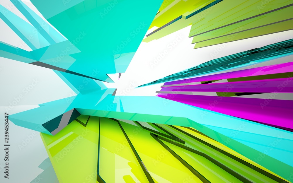 Fototapeta premium Abstract dynamic interior with gradient colored objects. 3D illustration and rendering
