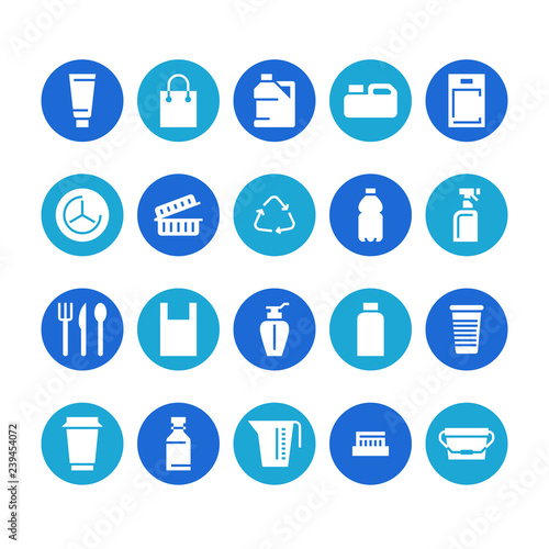 Plastic packaging, disposable tableware glyph vector line icons. Product packs, container, bottle, canister, plates cutlery. Container thin signs waste recycling, solid silhouette