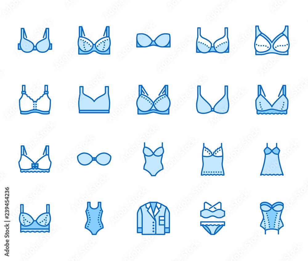 Lingerie flat line icons set. Bras types, woman underwear, maternity bra,  chemise, pyjamas, swimwear, corset vector illustrations. Thin signs for  clothes store. Pixel perfect 64x64. Editable Strokes Stock Vector