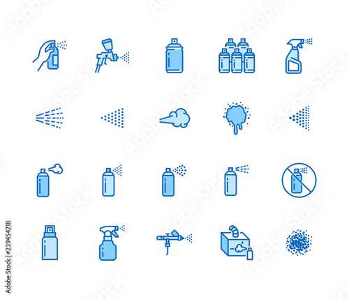 Spray can flat line icons set. Hand with aerosol, airbrush, powder coating, graffiti art, cough effect vector illustrations. Thin signs for disinfection, cleaning. Pixel perfect 64x64 Editable Stroke