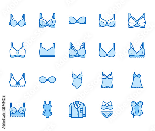 Lingerie flat line icons set. Bras types, woman underwear, maternity bra, chemise, pyjamas, swimwear, corset vector illustrations. Thin signs for clothes store. Pixel perfect 64x64. Editable Strokes