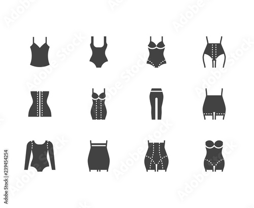 Shapewear flat glyph icons set. Corrective underwear, shaping bodysuit, thigh slimmer, leggings, waist control panties vector illustration. Clothes store sign. Solid silhouette pixel perfect 64x64