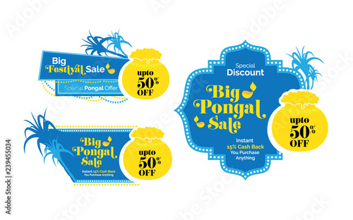 Pongal Sale Sticker, Banner, Label Design Collection with 50% Discount Tag Vector Illustration 