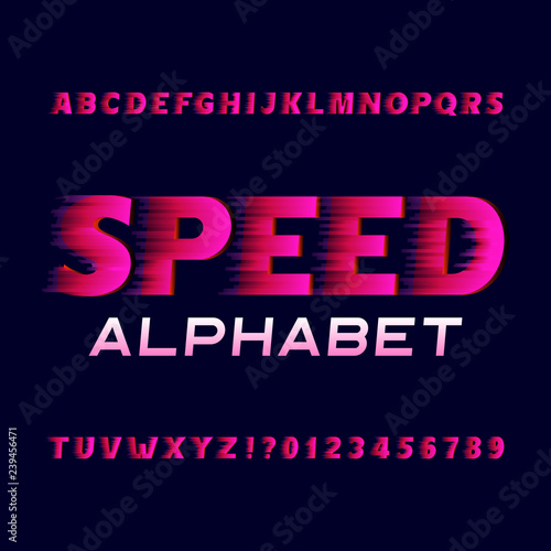 Speed alphabet font. Fast wind effect type letters and numbers. Stock vector typeface for your design.