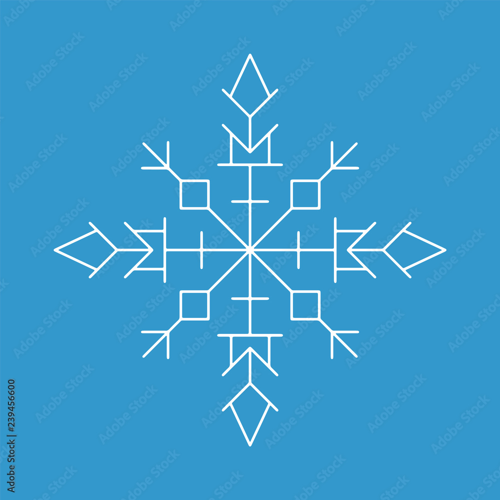 Snowflake icon. White silhouette snow flake sign, isolated on blue background.