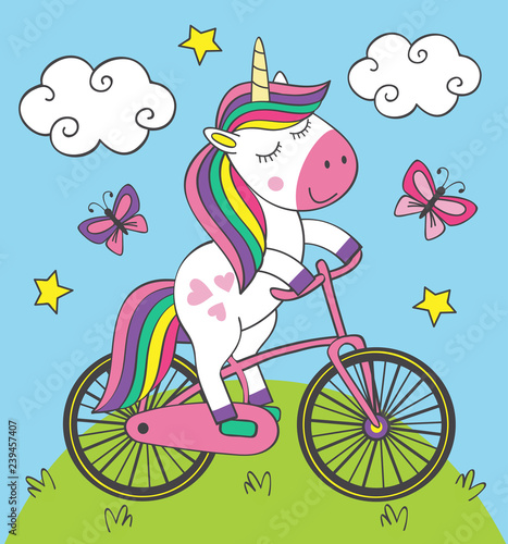 cute little unicorn rides bicycle - vector illustration, eps