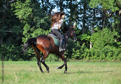 Beautiful equestrian girl ride horseback in meadow at sunset