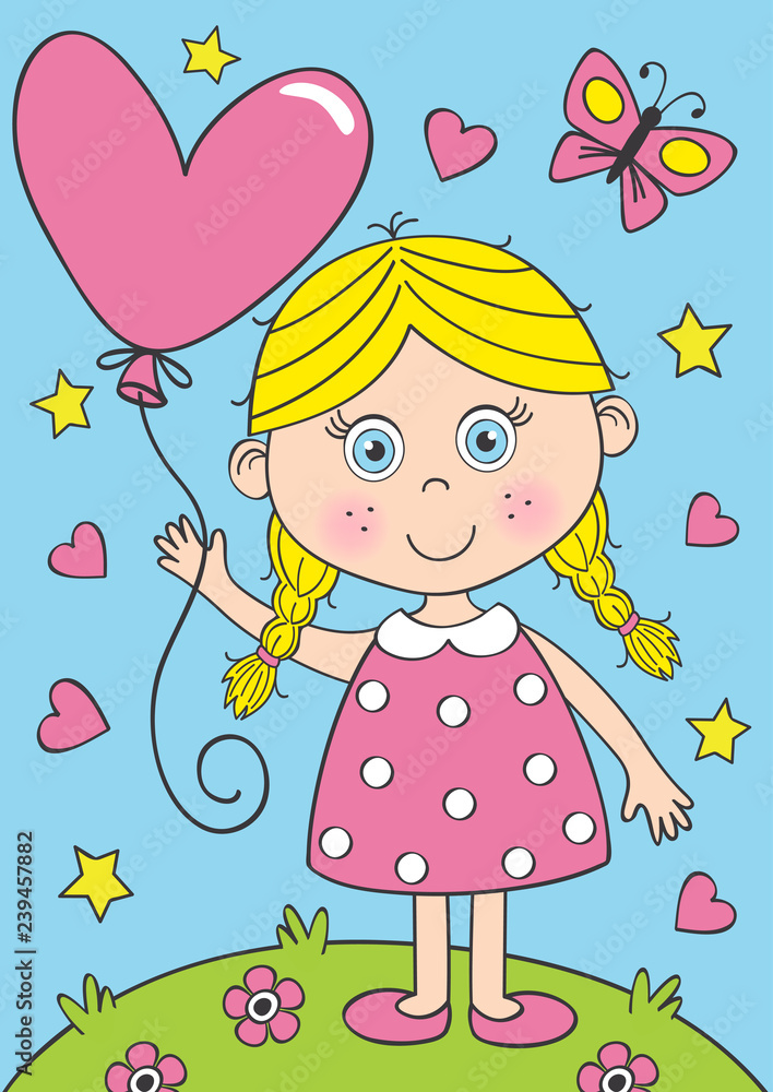 cute little girl with heart balloon  - vector illustration, eps