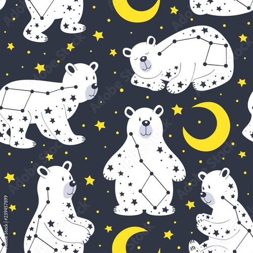 seamless pattern with white bear and constellation Ursa Major  - vector illustration, eps