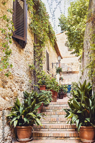 Fototapeta Naklejka Na Ścianę i Meble -  Beautiful street with flowers in the San Gimignano town, Tuscany, Italy, Popular touristic destination in Europe