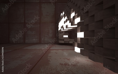 Empty abstract room interior of sheets rusted metal and concrete. Architectural background. Night view of the illuminated. 3D illustration and rendering