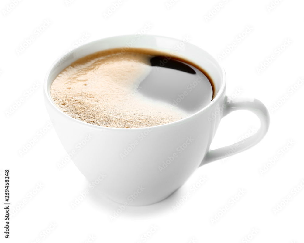 Obraz premium Cup of hot coffee on white background