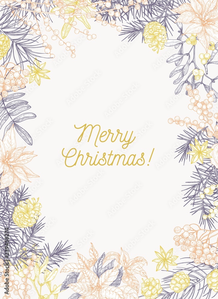Christmas greeting card template with holiday wish inside frame made of ...