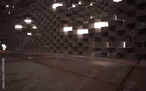 Empty abstract room interior of sheets rusted metal and concrete. Architectural background. Night view of the illuminated. 3D illustration and rendering