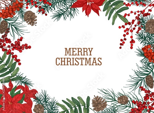 Christmas postcard template with frame or border made of branches and cones o...