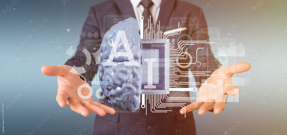Business man holding artificial intelligence icon with half brain and ...