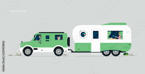 Traveling family by caravan car with gray background.