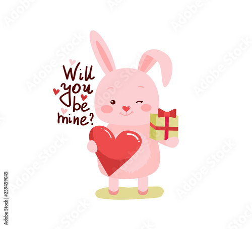 Cute cartoon lovely rabbit with pink large heart © Chistoprudnaya